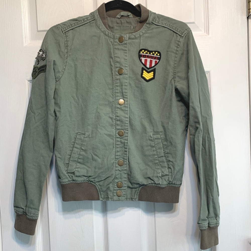 Bethany Mota Bomber Jacket Small Olive Green Military Patch Indie Y2K Utility